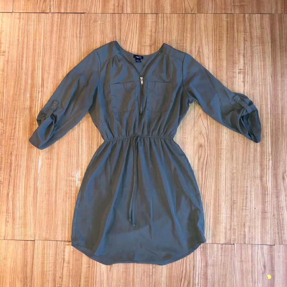 Roll Sleeve Shirt Dress with Gold Zipper